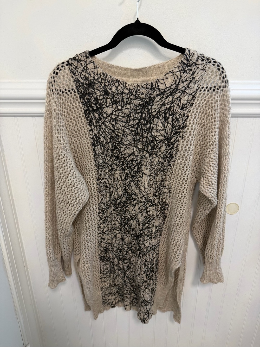 Beige Open-Knit Crewneck Sweater with Black Graphic Panel